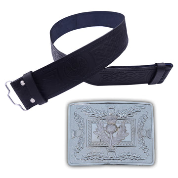 Kilt Belt and Buckle Set - Scottish Thistle Design/Leather Kilt Belt Thistle Embossed Handmade/Celtic Knot Kilt Belt with Buckle Antique